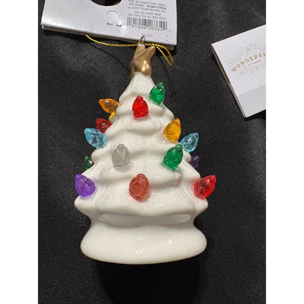 Wondershop white ceramic retro Christmas tree ornament colorful lightbulbs